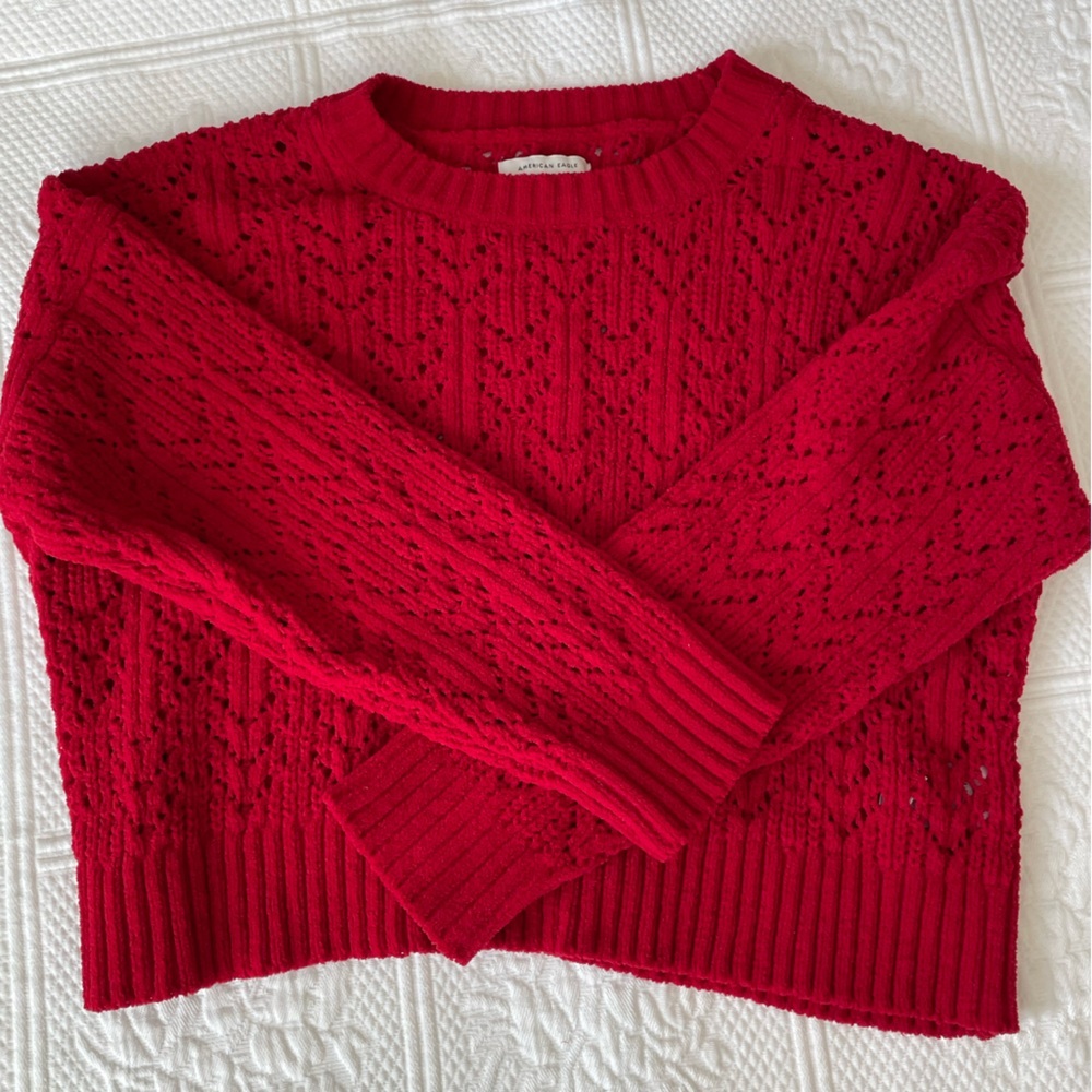 ❤️AE Cropped Pointelle Crewneck Sweater Red Small Valentines ❤️ - Picture 10 of 12